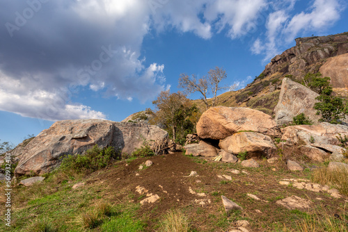 Andringitra national park, Haute Matsiatra region, Madagascar, beautiful mountain landscape with trail to Chameleon peak and massifs. Hiking in Andringitra mountains. Madagascar wilderness landscape.