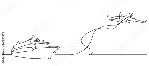 continuous line drawing cruise ship and passenger airplane - PNG image with transparent background