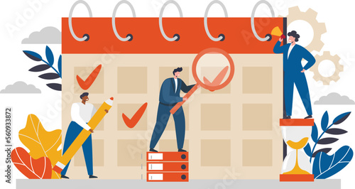 Flat vector illustration. The concept of business planning, time management. One person leads a team and schedules time 