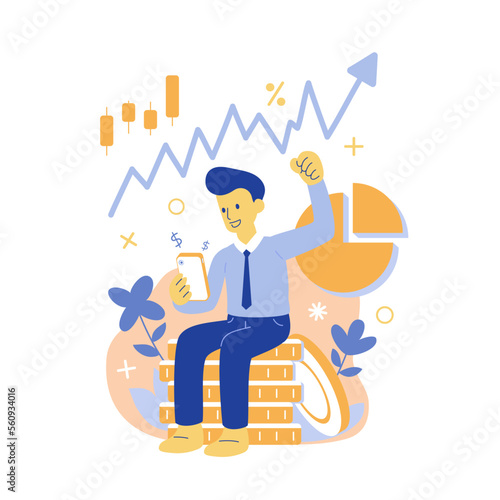 Business man using smart phone with money and stock market graphic vector illustration for design.