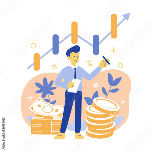 Business man with money and stock market graphic vector illustration for design.