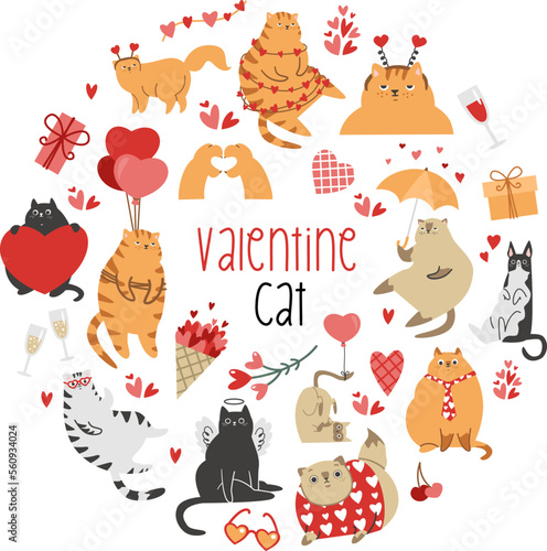 Cute vector set for Valentine's Day. Funny cats with hearts and funny clothes. Heart sign with paws, rain of hearts, disgruntled and funny cats 