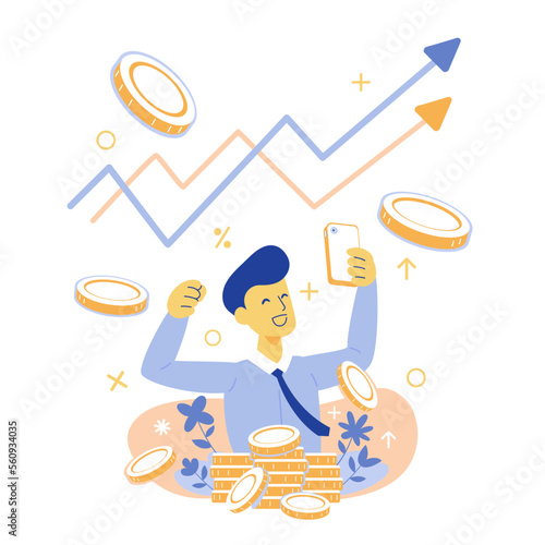 Happy business man using smart phone with money and stock market graphic vector illustration for design.
