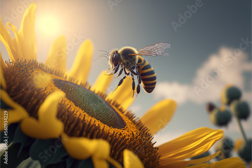 Bee on a sunflower with sun, nature