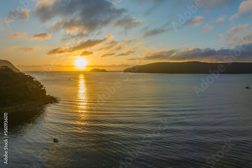 Sunrise views over the bay with boats and mountain ranges from Patonga © Merrillie