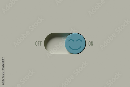 Fototapeta Naklejka Na Ścianę i Meble -  On and off toggle switch buttons with positive smile face icon, Positive thinking, Mental health assessment, World mental health day concept, Turn on sign of positive with good health, 3D rendering