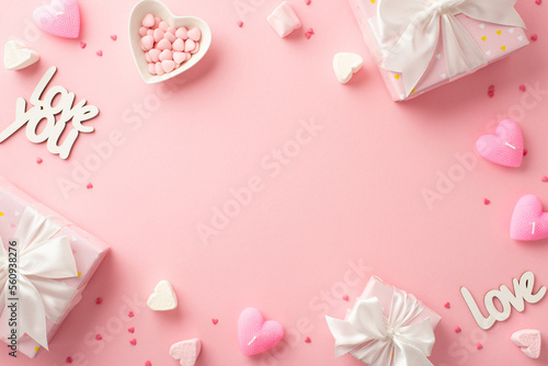 Valentine's Day concept. Top view photo of present boxes heart shaped saucer with sprinkles candles marshmallow and inscriptions love on isolated pastel pink background with blank space in the middle © ActionGP