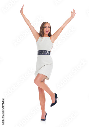 Success, excited and business woman on a white background for winning, celebration and confident. Smile, corporate fashion and isolated portrait of girl for ceo, manager and professional promotion