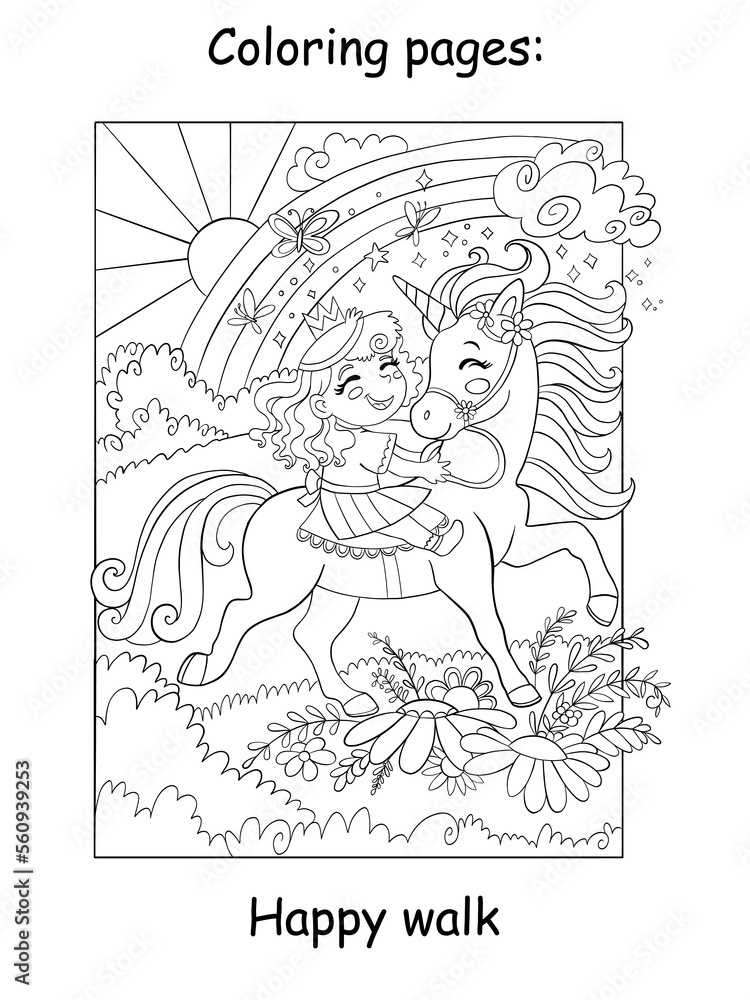 Cute little princess rides a unicorn in a flower meadow kids coloring