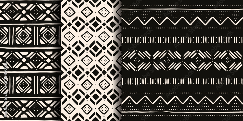 Set of white and black tribal patterns. Traditional Malian cloth with ...