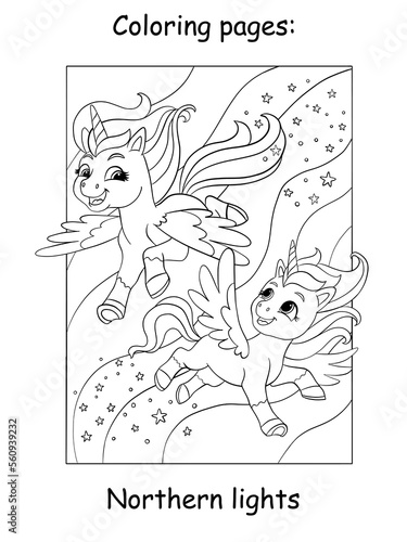Cute unicorn twins flying in the sky kids coloring