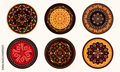 Set of African decorative elements. Round ornament pattern. Collection of mandalas in Tribal style.