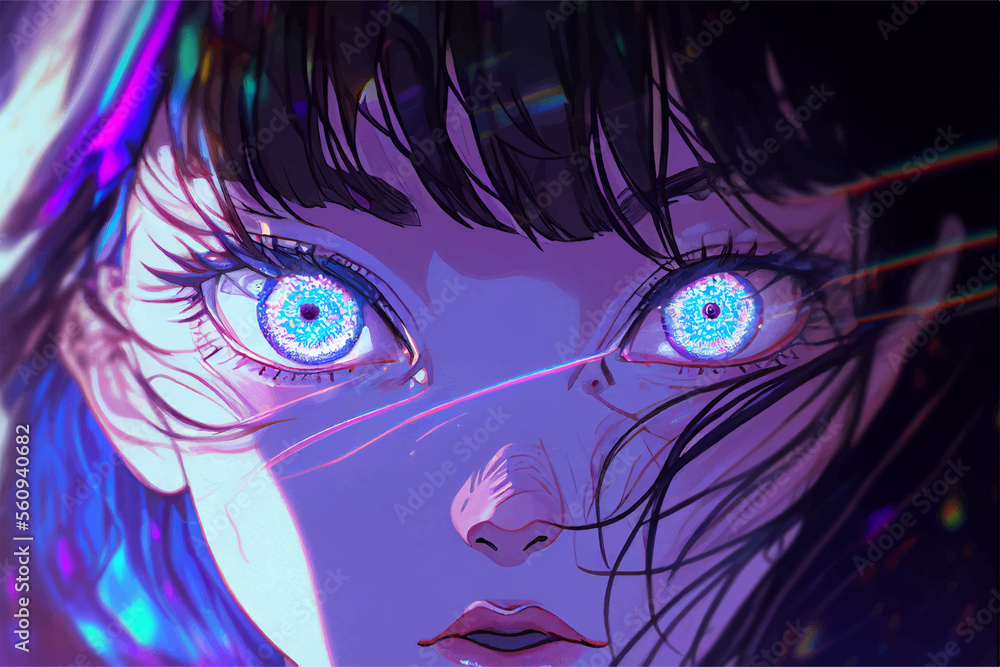 Obraz premium Beautiful potrait of a girl with beautiful anime cartoon eyeballs on the face