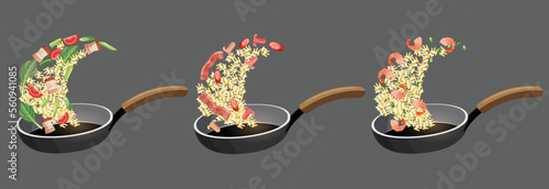 set of fried rice cooking in a pan vector illustration