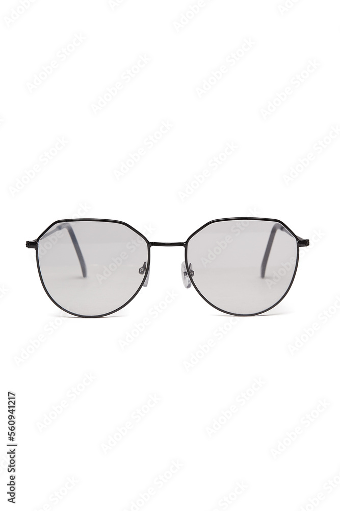 Close-up shot of fashion glasses with clear lenses in a black metal frame. Fashion glasses are isolated on a white background. Front view. Close-up shot of fashion glasses with clear lenses in a black metal frame. Fashion glasses are isolated on a white background. Front view.