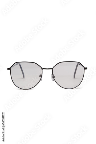 Close-up shot of fashion glasses with clear lenses in a black metal frame. Fashion glasses are isolated on a white background. Front view.