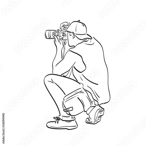 line art rear view of male photographer shooting with dslr camera illustration vector hand drawn isolated on white background