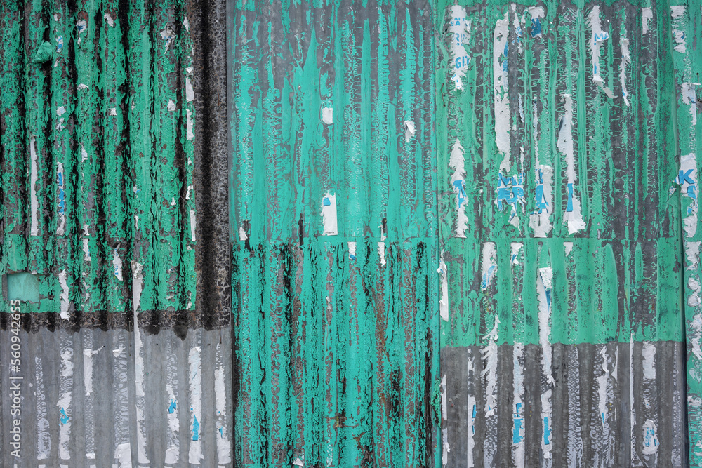 Texture of a weathered corrugated iron wall in gray and with. The sheet