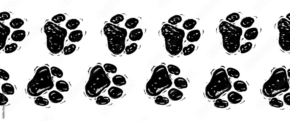 Fototapeta premium Paw vector foot trail print of cat. Dog, puppy silhouette animal diagonal tracks for t-shirts, backgrounds, patterns, websites, showcases design, greeting cards, child prints