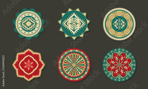 Set of Ethnic decorative elements. Round ornament patterns. Tribal rugs with geometric design.