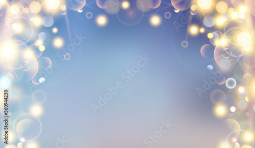Magic lights of bokeh with golden blur soft light on sunset background. Abstract vector illustration of sky with galaxy made blurry bokeh