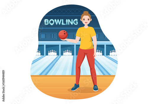 Bowling Game Illustration with Pins, Balls and Scoreboards in a Sport Club for Web Banner or Landing Page in Flat Cartoon Hand Drawn Templates