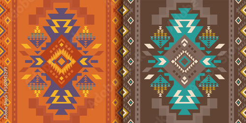 Aztec, Navajo geometric seamless patterns. Native American Southwest prints. Ethnic design wallpaper, fabric, cover, textile, rug, blanket.