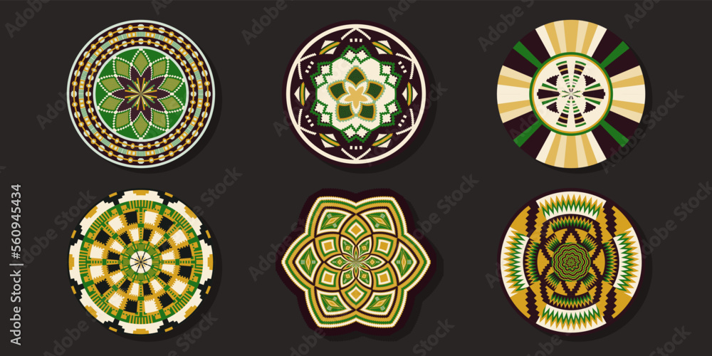 Set of African baskets. Ethnic geometric round ornament pattern. Collection of mandalas in tribal style. Design baskets from Botswana. Set of African baskets. Ethnic geometric round ornament pattern. Collection of mandalas in tribal style. Design baskets from Botswana.