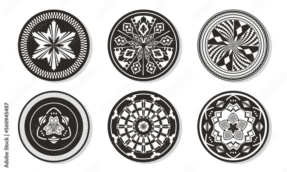 Set of African baskets. Ethnic geometric round ornament pattern. Collection of mandalas in tribal style. Design baskets from Botswana. Set of African baskets. Ethnic geometric round ornament pattern. Collection of mandalas in tribal style. Design baskets from Botswana.