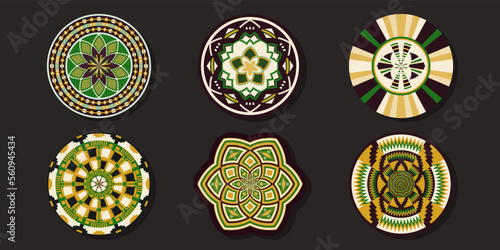 Set of African baskets. Ethnic geometric round ornament pattern. Collection of mandalas in tribal style. Design baskets from Botswana.