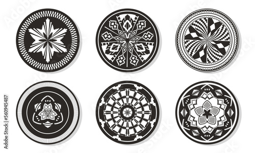 Set of African baskets. Ethnic geometric round ornament pattern. Collection of mandalas in tribal style. Design baskets from Botswana.