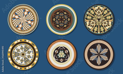 Set of African baskets. Ethnic geometric round ornament pattern. Collection of mandalas in tribal style. Design baskets from Botswana.