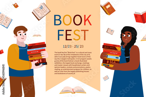 Banner with two diverse people at the book festival. A multi-culture man and a woman are holding a stack of books. Vector poster in flat cartoon style