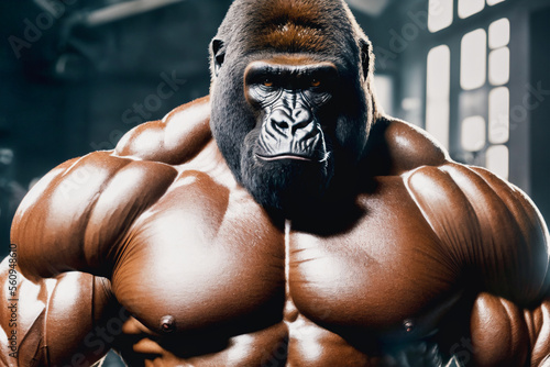 closeup of a muscular bodybuilding gorilla is posing for a picture in a gym with bright window in back and light from above with a barbell, generative AI photo