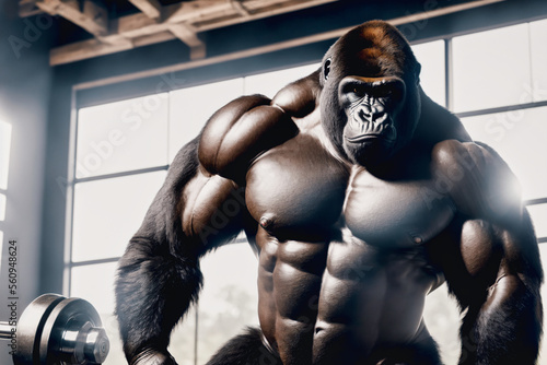 muscular bodybuilding gorilla is posing for a picture in a gym with bright window in back and light from above,generative AI photo