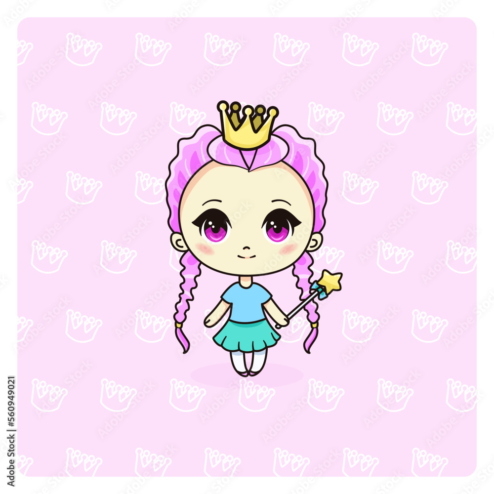 Cute and kawaii princess girl. Manga chibi with crown.