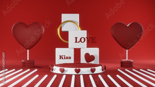 3D rendering of red podium for Valentine products on Valentine's Day.