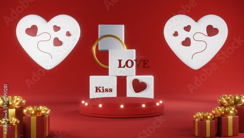 3D rendering of red podium for Valentine products on Valentine's Day.