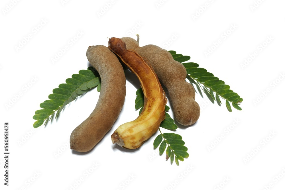 Three tamarinds, one of which is peeled. placed on a white background Three tamarinds, one of which is peeled. placed on a white background