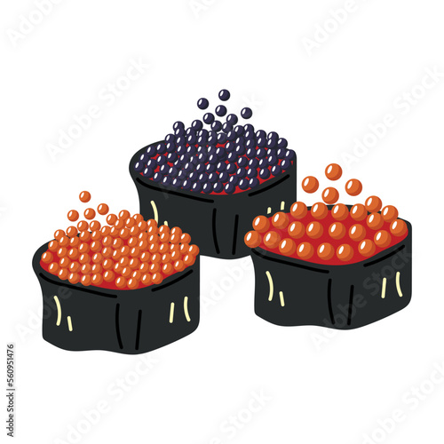 Gunkans with caviar on a white background. Asian food. Vector illustration for restaurants, menus, decor