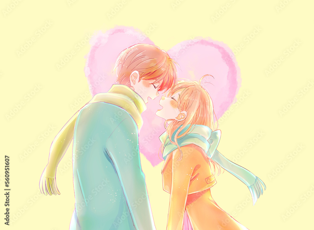 冬の幸せそうな男女　向かい合う　ハート