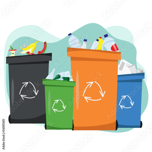 Waste sorting, Sorting waste for recycling, garbage sorting, recycling bins. Different types of garbage: paper, plastics, glass, organic.Modern flat vector illustration.