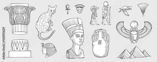 Egyptian column, cat, pharaoh, pyramids, key of life, Amun Ra, Set, Nefertiti, Scarab, crane.