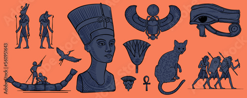Eye of Horus, Nefertiti bust, stork,  fisherman on papyrus boat, warriors, Horus falcon, Amun Ra, Anubis, cat, pharaoh,  key of life, Amun Ra, Set, sacred Scarab.