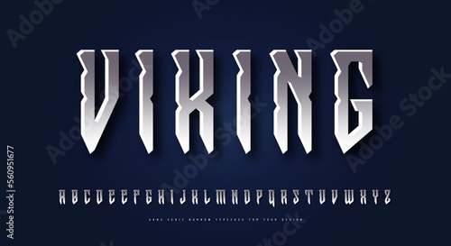 Silver colored and metal chrome sans serif font in viking style