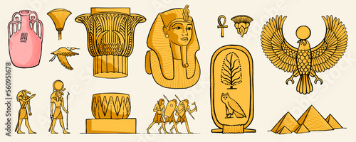 Tutankhamun’s pharaoh mask, column with lotus, palm, owl, cartouche, pyramids, stork, warriors, Horus falcon, pharaoh, key of life, Amun Ra, Set.