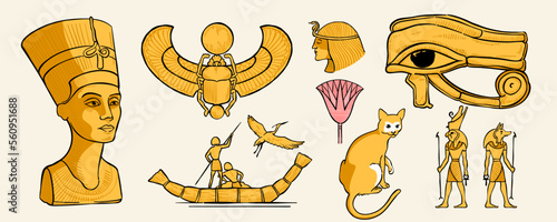 Nefertiti bust, sacred Scarab, fisherman on papyrus boat, eye of Horus, cat, crane, palm, Amun Ra, Anubis, Cleopatra.