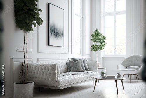 White minimalist living room interior with sofa on a wooden floor, decor on a large wall, white landscape in window. Home nordic interior. 3D illustrationhyperrealism, photorealism, photorealistic © Azar