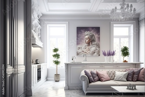 Luxurious interior design living room and white kitchen. Open plan interior.hyperrealism  photorealism  photorealistic