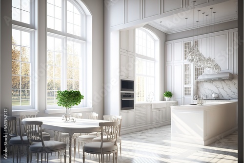 Luxurious interior design of white kitchen, dining room with windows and living room in one space,hyperrealism, photorealism, photorealistic © Azar